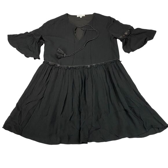 Rebecca Minkoff Helen Dress Womens M Black Relaxed Tassel Bell Sleeve Grommet - Picture 1 of 16